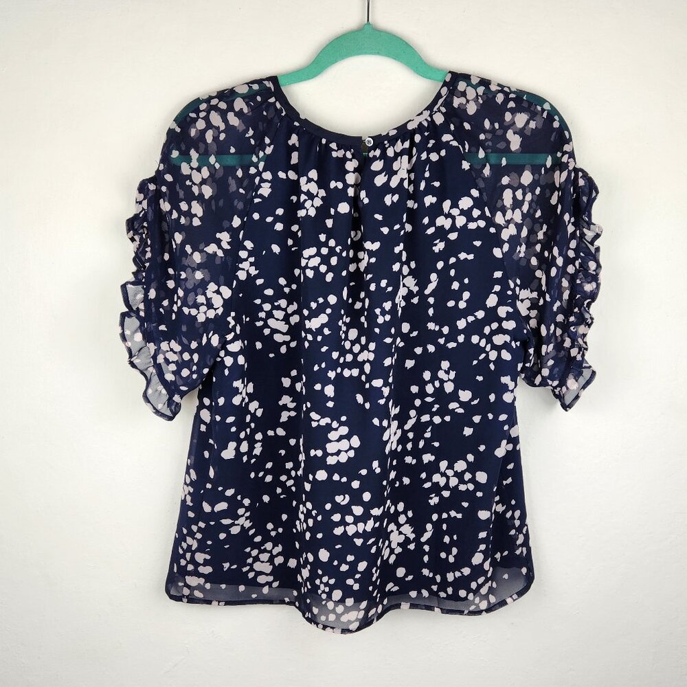 Madewell Ruffle Sleeve Blouse Top in Drifting Petals Paintbrush Dot Navy sz M - Picture 2 of 12